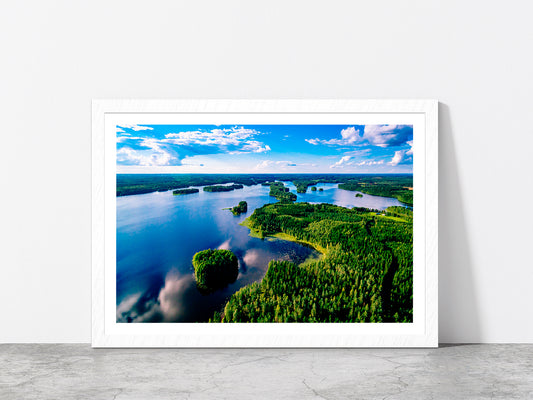 Blue Lakes & Green Forest Finland Glass Framed Wall Art, Ready to Hang Quality Print With White Border White