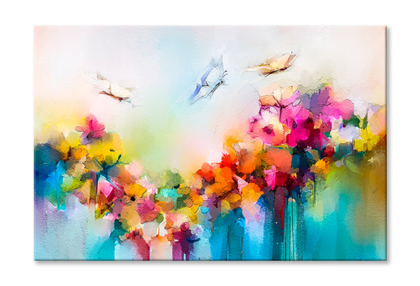 Butterfly Flying Over Spring Flower Oil Painting Wall Art Limited Edition High Quality Print Stretched Canvas None