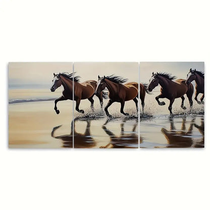 3pcs Equestrian Beach Horses Galloping Metal Print Ready to Hang Art