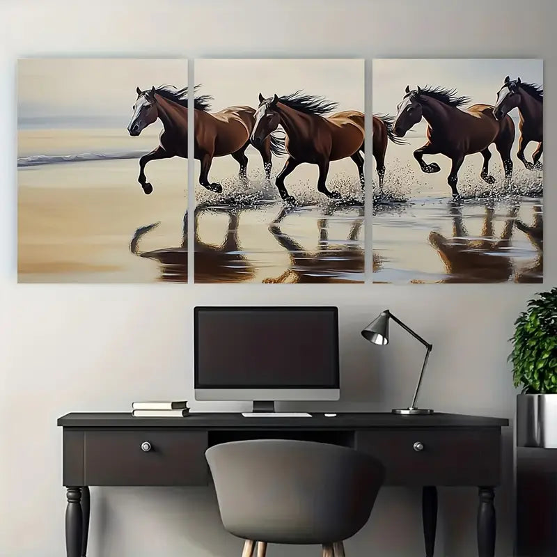 3pcs Equestrian Beach Horses Galloping Metal Print Ready to Hang Art
