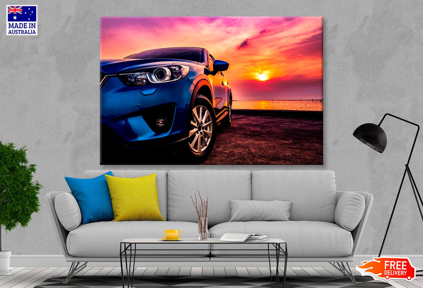 Blue Compact SUV Car Sea At Sunset Wall Art Decor 100% Australian Made