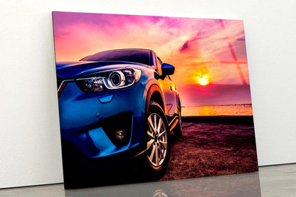 Blue Compact SUV Car Sea At Sunset Acrylic Glass Print Tempered Glass Wall Art 100% Made in Australia Ready to Hang