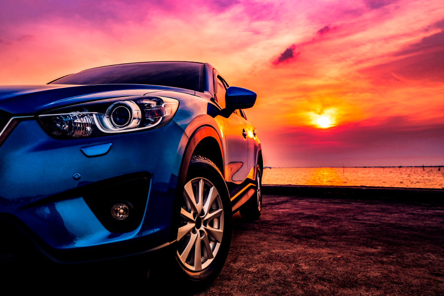 Blue Compact SUV Car Sea At Sunset Home Decor Premium Quality Poster Print Choose Your Sizes