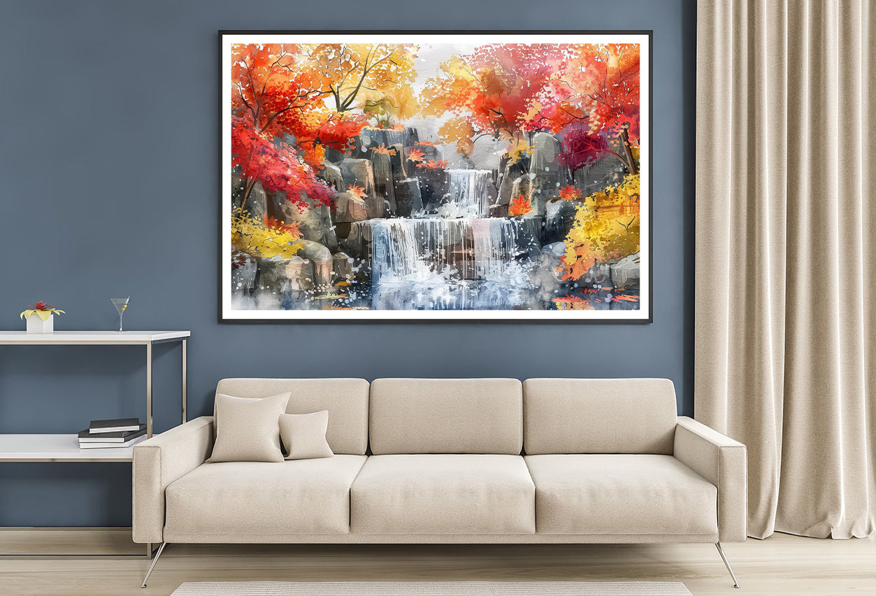 Waterfall Painting with Trees Home Decor Premium Quality Poster Print Choose Your Sizes