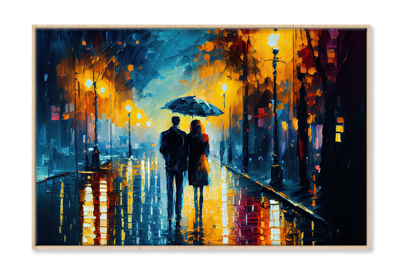 Couple with Umbrella Walking on Road Painting Wall Art Limited Edition High Quality Print Canvas Box Framed Natural