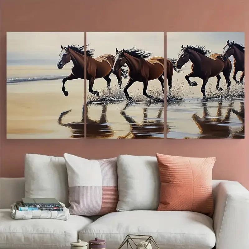 3pcs Equestrian Beach Horses Galloping Metal Print Ready to Hang Art