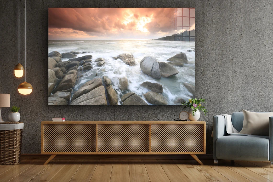 Rocky Sea Ocean Sunset UV Direct Aluminum Print Australian Made Quality