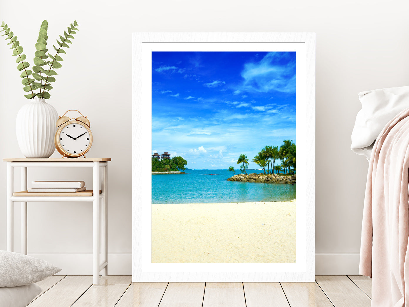 Tropical Secluded Lagoon Beach View Photograph Glass Framed Wall Art, Ready to Hang Quality Print With White Border White