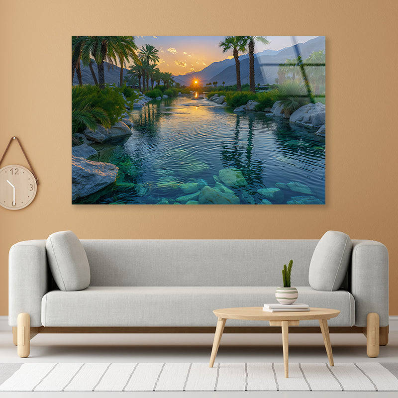 Serene Body of Water Surrounded By Rocks and Trees Acrylic Glass Print Tempered Glass Wall Art 100% Made in Australia Ready to Hang