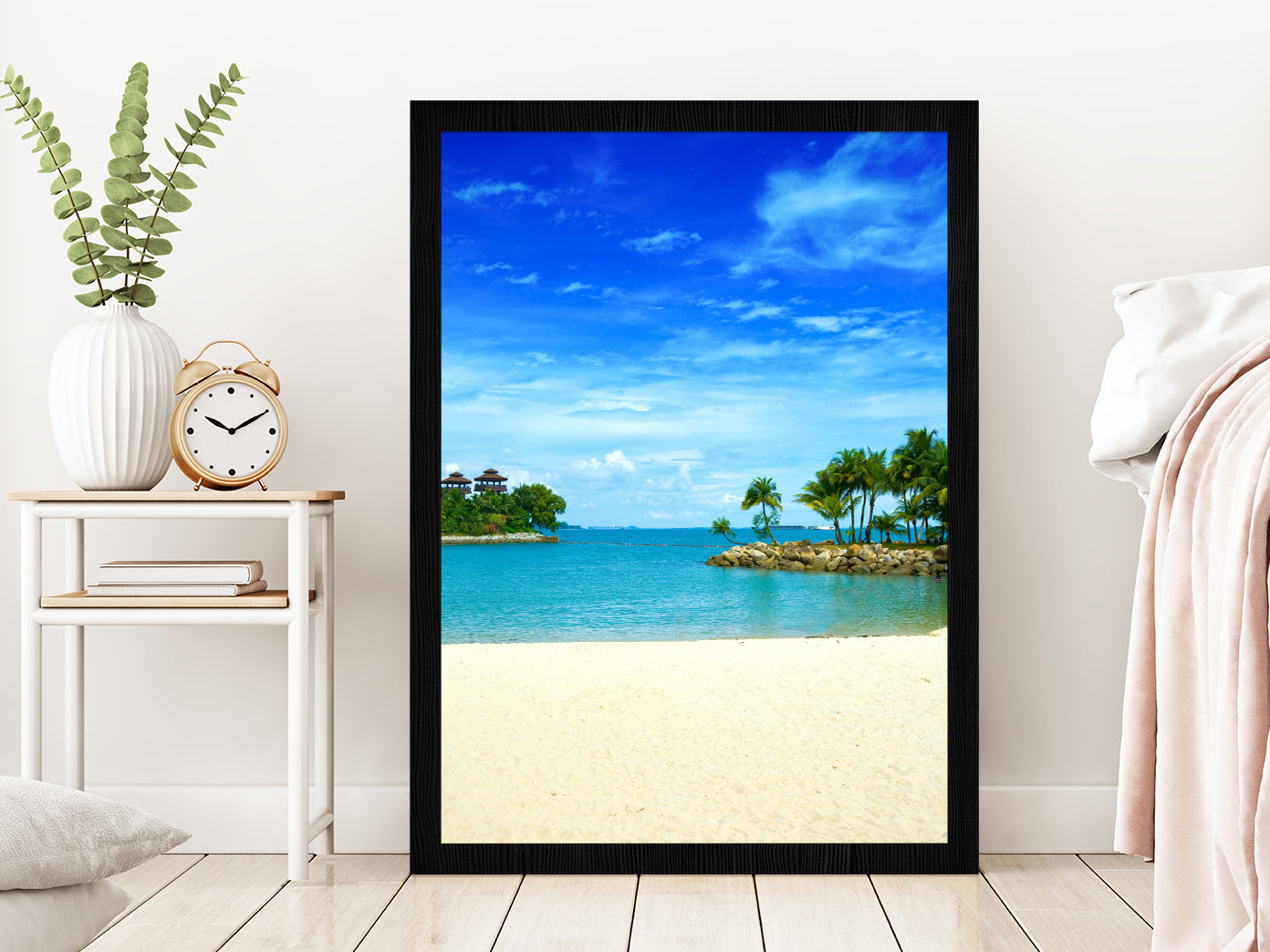 Tropical Secluded Lagoon Beach View Photograph Glass Framed Wall Art, Ready to Hang Quality Print Without White Border Black