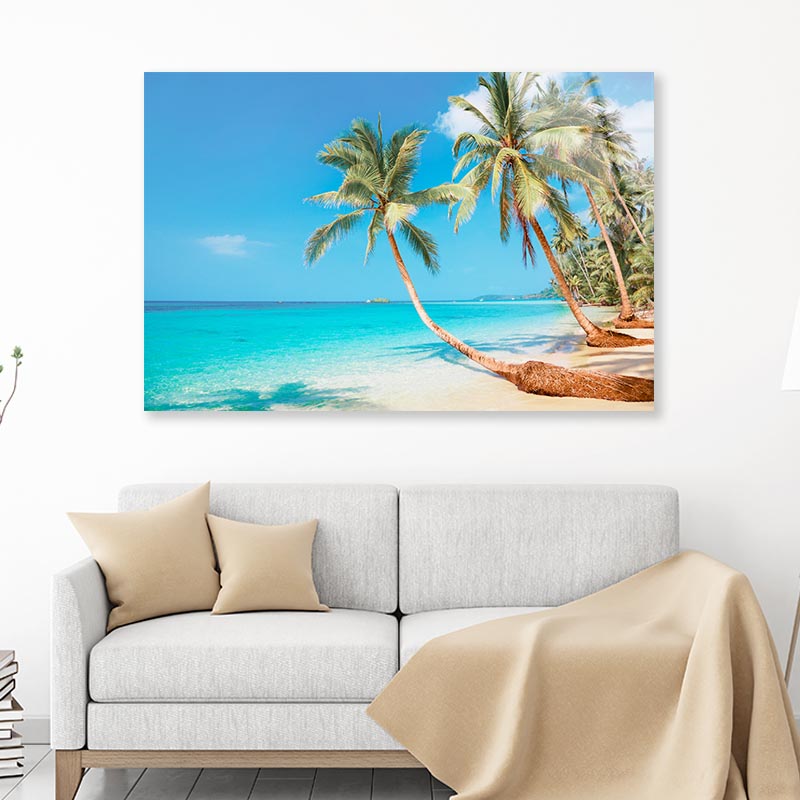 Tropical Beach Coconut Trees Acrylic Glass Print Tempered Glass Wall Art 100% Made in Australia Ready to Hang