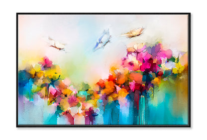 Butterfly Flying Over Spring Flower Oil Painting Wall Art Limited Edition High Quality Print Canvas Box Framed Black