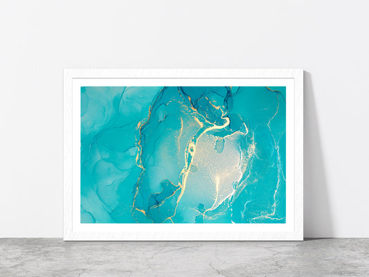 Blue & Gold Marble Painting Glass Framed Wall Art, Ready to Hang Quality Print With White Border White