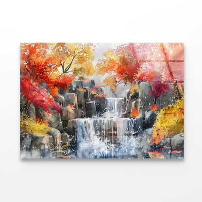 Waterfall Painting with Trees Acrylic Glass Print Tempered Glass Wall Art 100% Made in Australia Ready to Hang