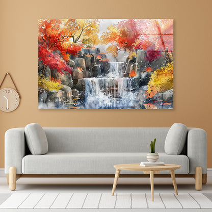 Waterfall Painting with Trees Acrylic Glass Print Tempered Glass Wall Art 100% Made in Australia Ready to Hang