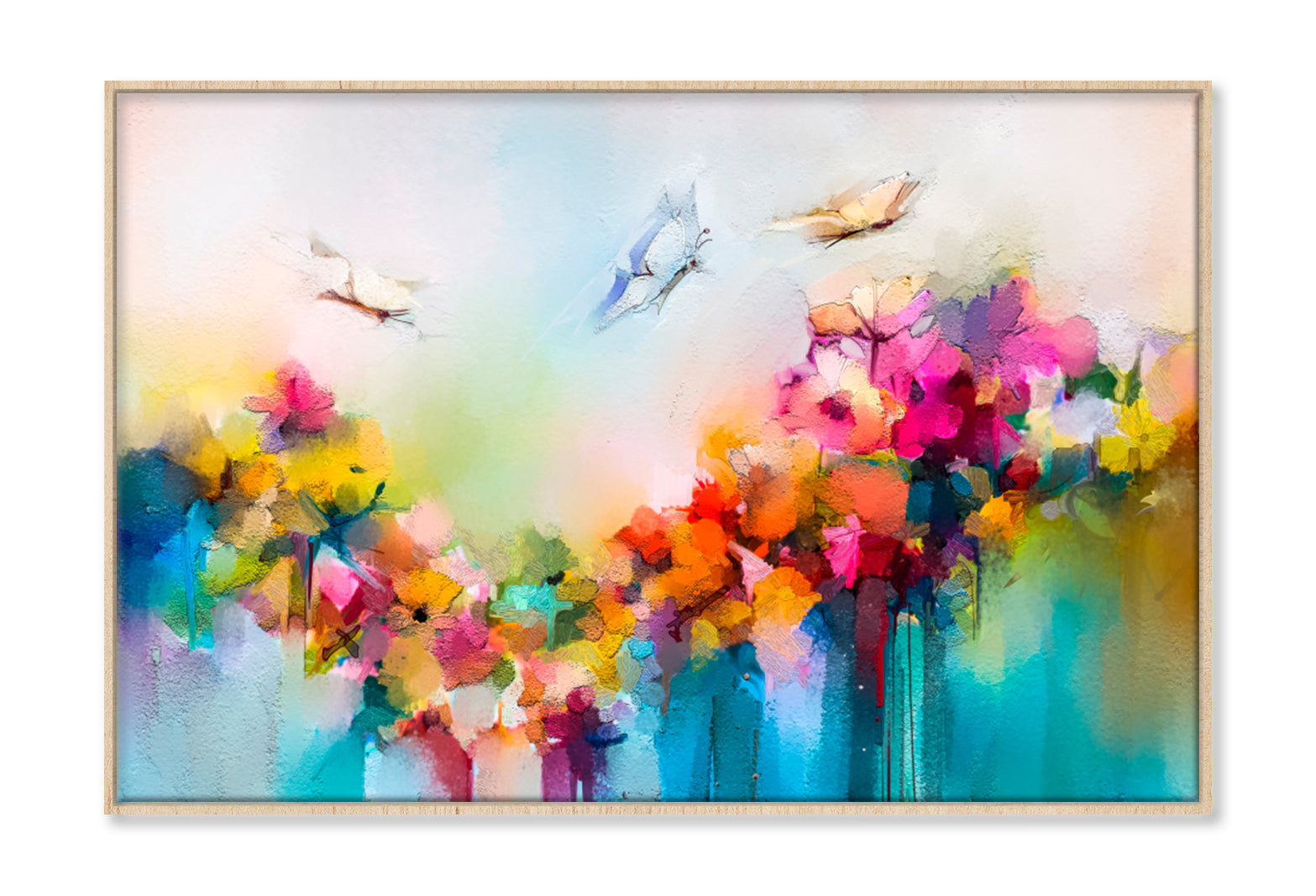 Butterfly Flying Over Spring Flower Oil Painting Wall Art Limited Edition High Quality Print Canvas Box Framed Natural