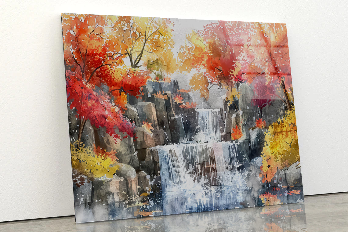 Waterfall Painting with Trees Acrylic Glass Print Tempered Glass Wall Art 100% Made in Australia Ready to Hang