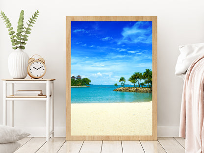 Tropical Secluded Lagoon Beach View Photograph Glass Framed Wall Art, Ready to Hang Quality Print Without White Border Oak