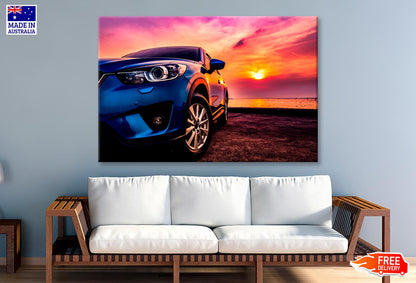 Blue Compact SUV Car Sea At Sunset Wall Art Decor 100% Australian Made