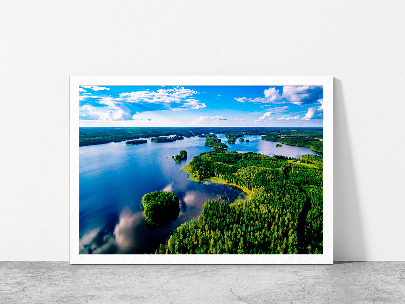 Blue Lakes & Green Forest Finland Glass Framed Wall Art, Ready to Hang Quality Print Without White Border White
