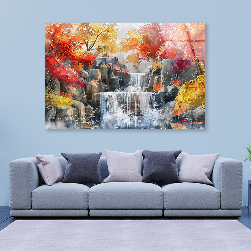 Waterfall Painting with Trees Acrylic Glass Print Tempered Glass Wall Art 100% Made in Australia Ready to Hang