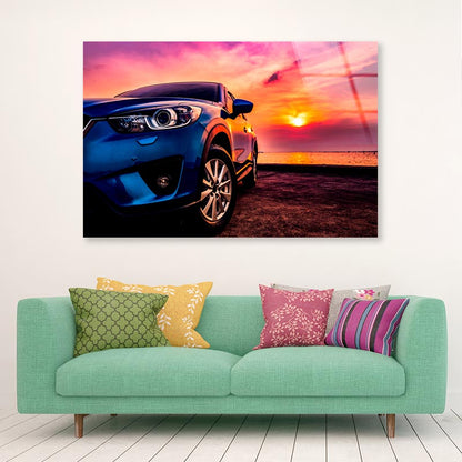 Blue Compact SUV Car Sea At Sunset Acrylic Glass Print Tempered Glass Wall Art 100% Made in Australia Ready to Hang