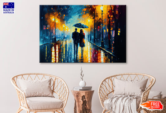 Couple with Umbrella Walking on Road Painting Wall Art Limited Edition High Quality Print