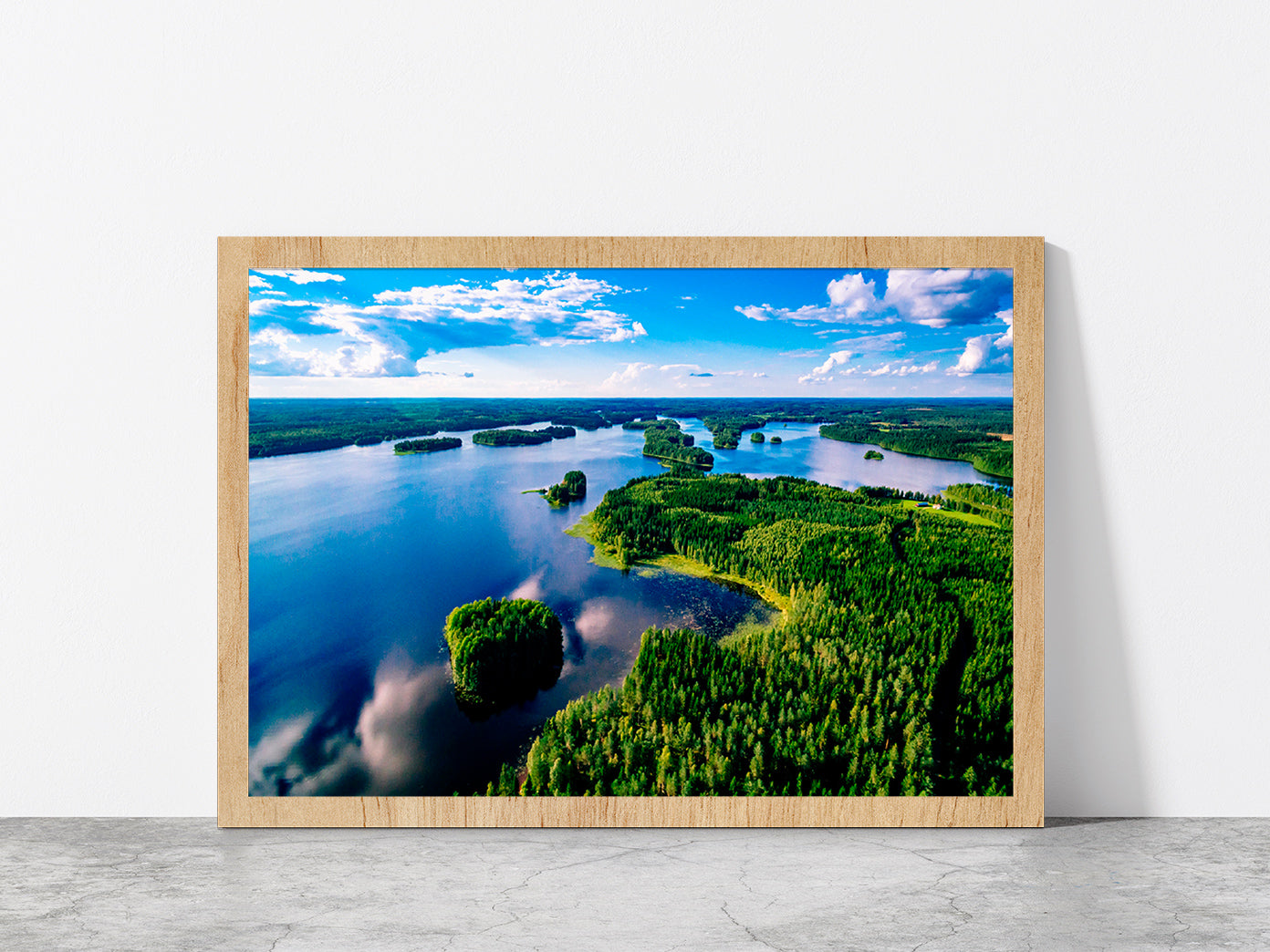Blue Lakes & Green Forest Finland Glass Framed Wall Art, Ready to Hang Quality Print Without White Border Oak