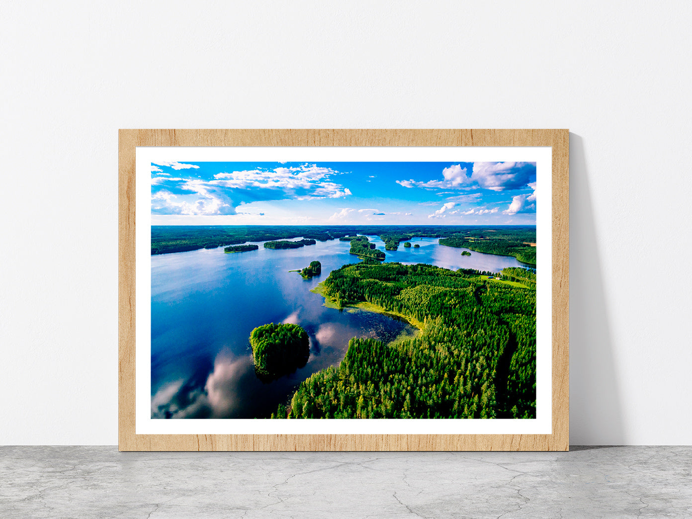 Blue Lakes & Green Forest Finland Glass Framed Wall Art, Ready to Hang Quality Print With White Border Oak