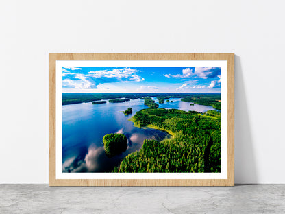 Blue Lakes & Green Forest Finland Glass Framed Wall Art, Ready to Hang Quality Print With White Border Oak