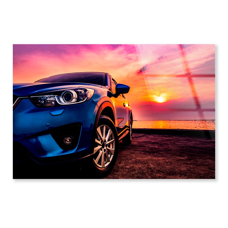 Blue Compact SUV Car Sea At Sunset Acrylic Glass Print Tempered Glass Wall Art 100% Made in Australia Ready to Hang