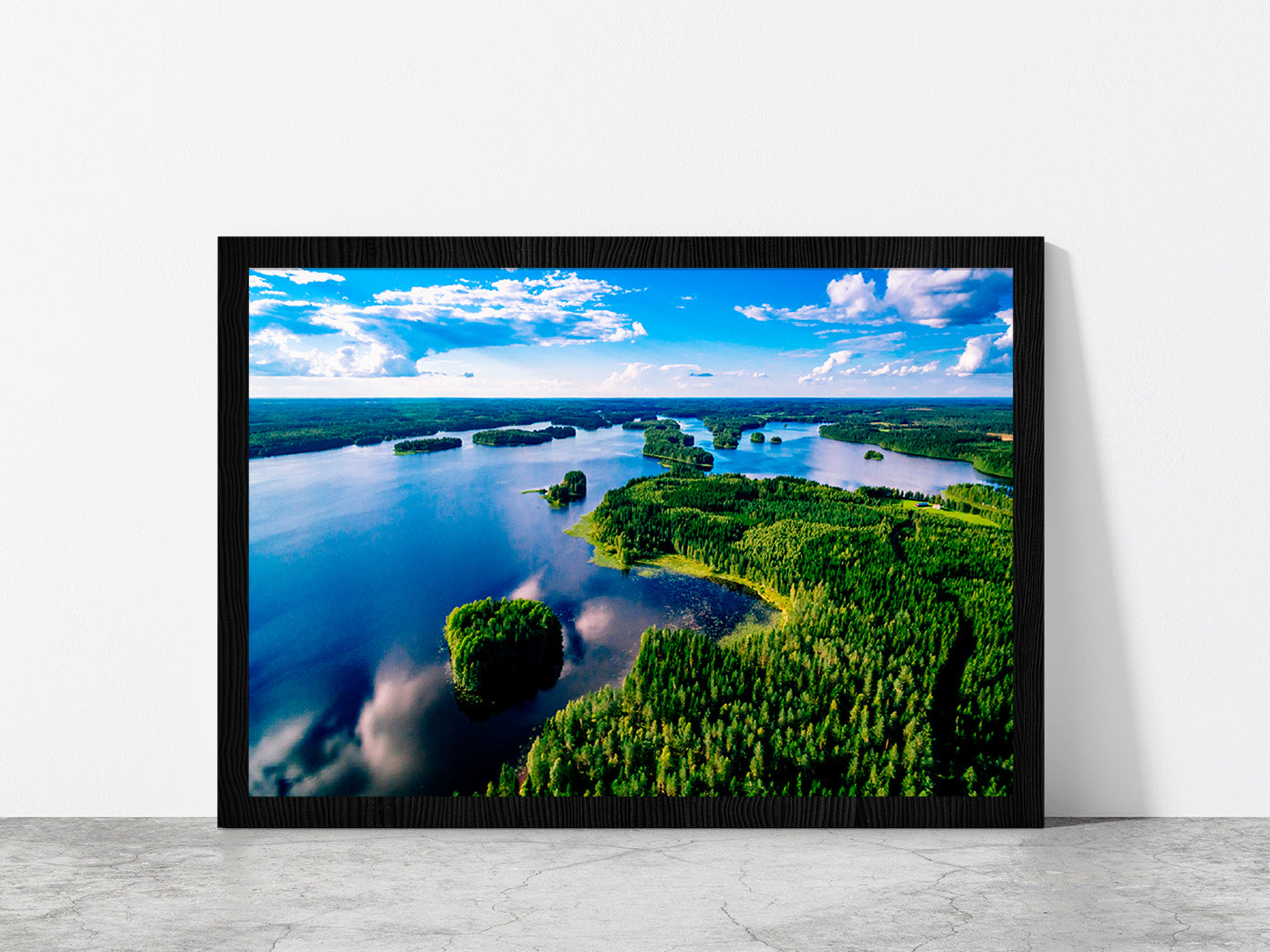 Blue Lakes & Green Forest Finland Glass Framed Wall Art, Ready to Hang Quality Print Without White Border Black