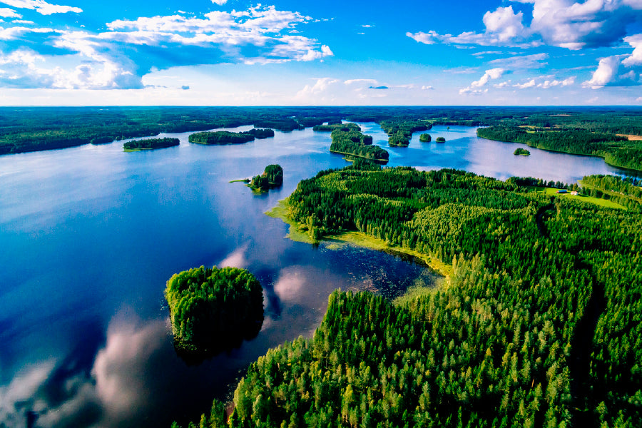 Blue Lakes & Green Forest Finland Glass Framed Wall Art, Ready to Hang Quality Print