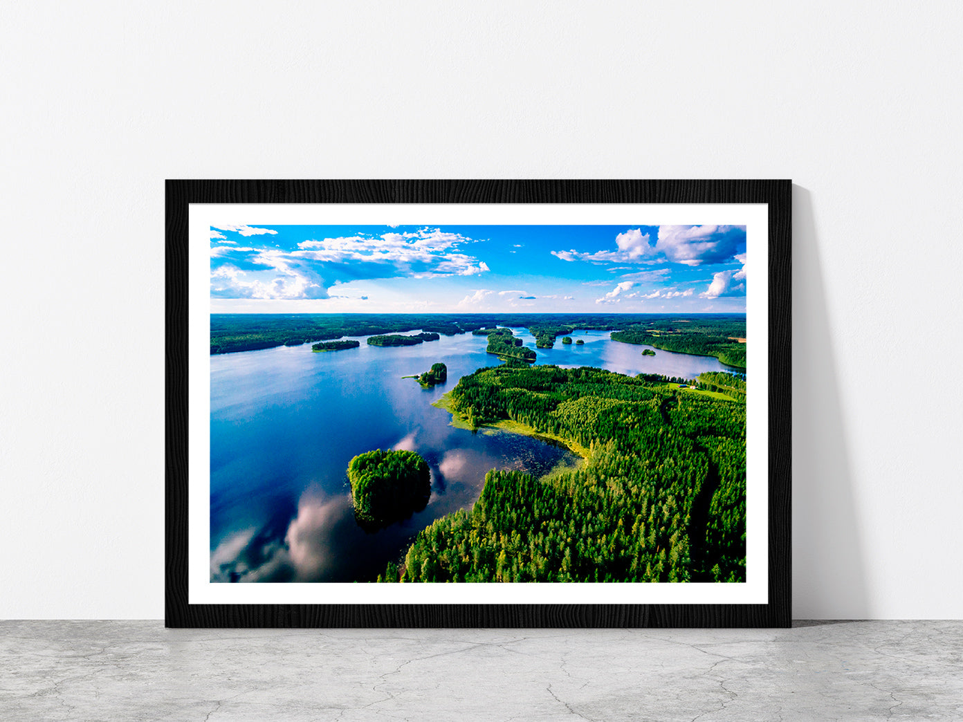Blue Lakes & Green Forest Finland Glass Framed Wall Art, Ready to Hang Quality Print With White Border Black