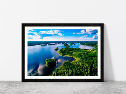 Blue Lakes & Green Forest Finland Glass Framed Wall Art, Ready to Hang Quality Print With White Border Black