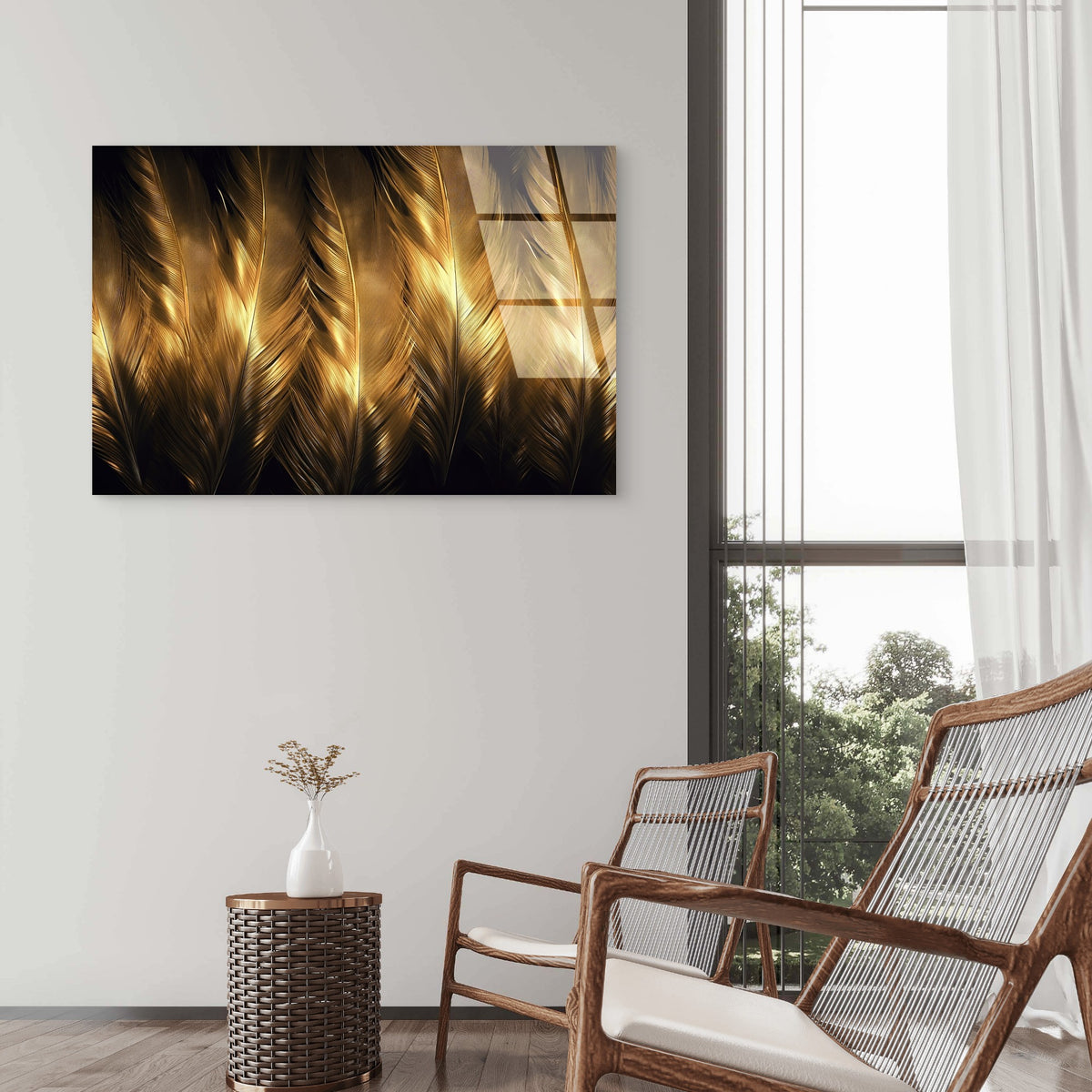 Golden Feathers Abstract Acrylic Glass Printing Wall Art Australian Made Quality