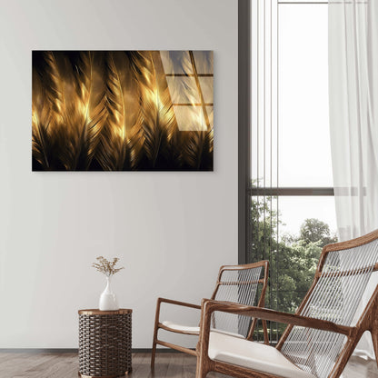 Golden Feathers Abstract Acrylic Glass Printing Wall Art Australian Made Quality