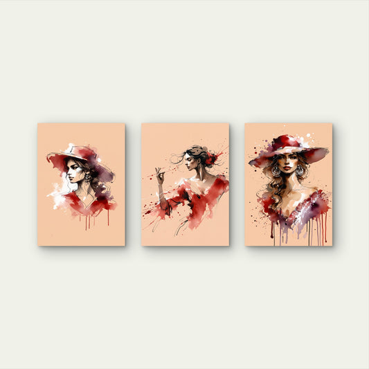 3pcs Red Dress Spanish Flamenco Woman Painting Wall Art Set Canvas Framed 50x70cm - High Quality Print 100% Australian Made Wall Canvas Ready to Hang