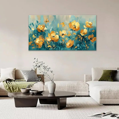 Abstract Flowers Teal & Golden Floral Butterfly Wall Art canvas office home room framed 120x60cm