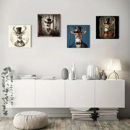 4pcs Deer & Forest Scene With Top Hat, Bow Tie Wall Art Canvas Framed