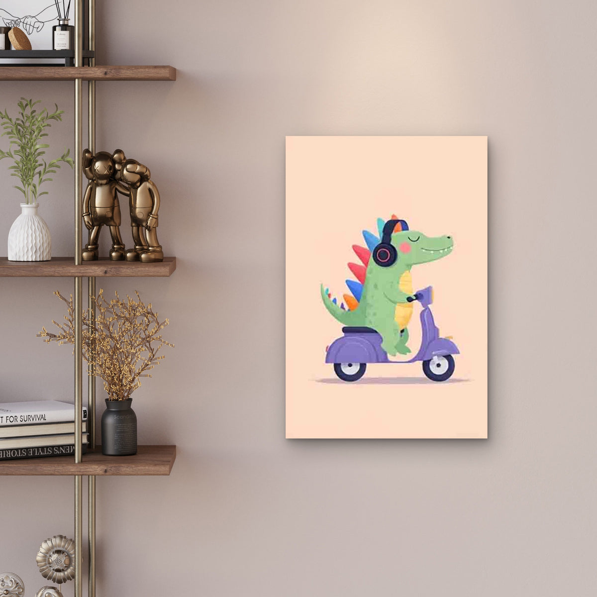Cute Green Dinosaur Riding Purple Scooter 60x90cm Metal Print Ready to Hang