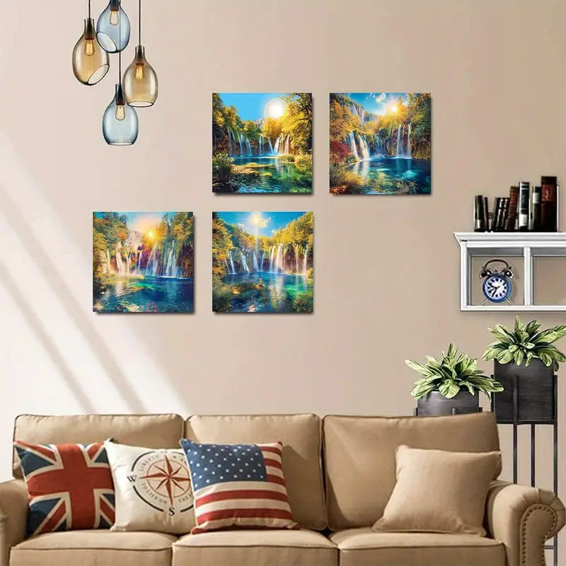 4pcs  Vintage Lake Water Waterfall Sunset SW  Wall Art Canvas Framed