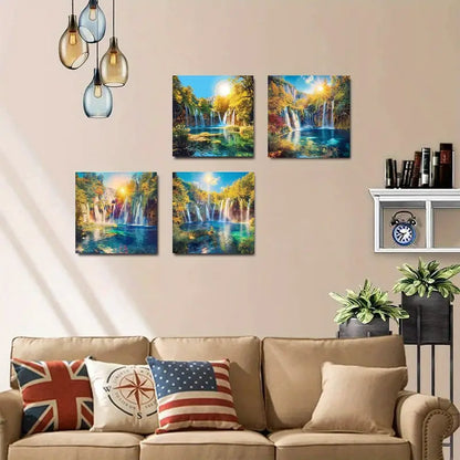 4pcs  Vintage Lake Water Waterfall Sunset SW  Wall Art Canvas Framed