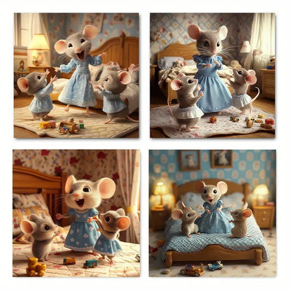 4pcs Whimsical Mouse In Blue Dress Wall Art Canvas Framed