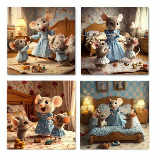 4pcs Whimsical Mouse In Blue Dress Wall Art Canvas Framed