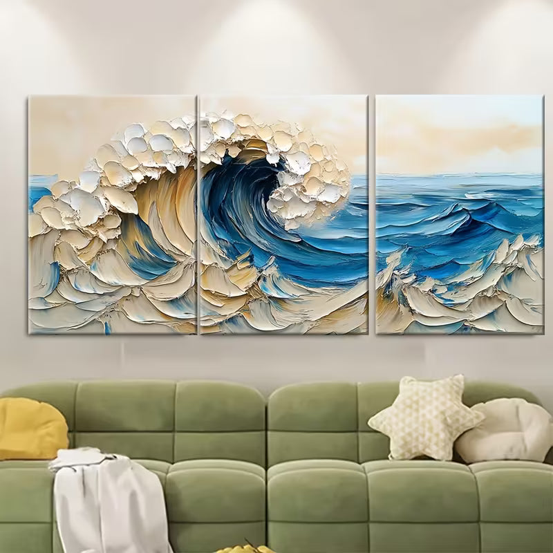 3pcs Abstract Ocean Wave Oil Painting Metal Print Ready to Hang Art