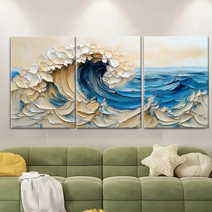 3pcs Abstract Ocean Wave Oil Painting Metal Print Ready to Hang Art