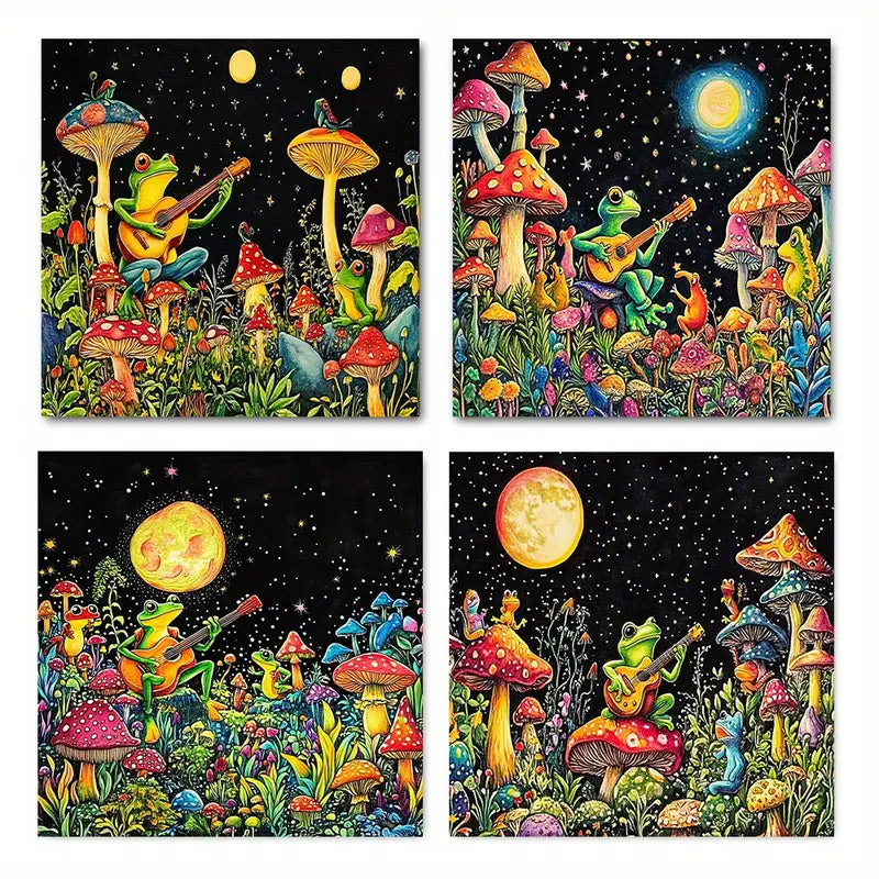 4pcs Whimsical Frog & Mushroom Moonlit Forest Wall Art Canvas Framed