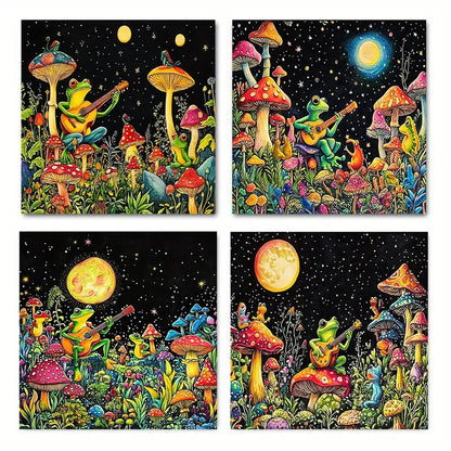 4pcs Whimsical Frog & Mushroom Moonlit Forest Wall Art Canvas Framed