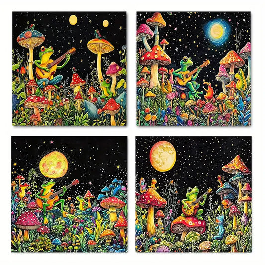 4pcs Whimsical Frog & Mushroom Moonlit Forest Wall Art Canvas Framed